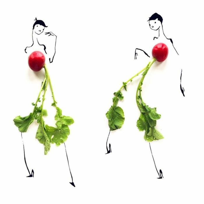 εικονογράφοι Εικονογραφήσεις μόδας Gretchen Roehrs με φρούτα και λαχανικά