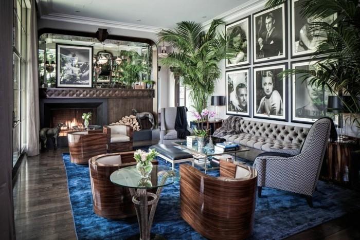 εσωτερική διακόσμηση art deco σαλόνι επιπλώνοντας ιδέες μπλε χαλί όμορφες υφές