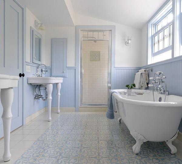 εσωτερική διακόσμηση μπλε και λευκό δάπεδο μπάνιου