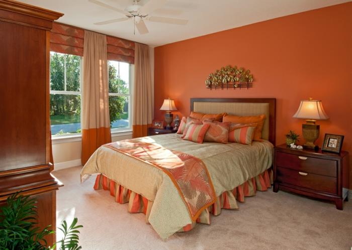 εσωτερική διακόσμηση φθινοπωρινές φυσικές αποχρώσεις πορτοκαλί τοίχοι υπνοδωμάτιο