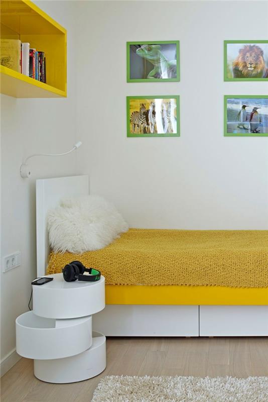 εσωτερικές ιδέες σχεδιασμού παιδικό δωμάτιο κρεβάτι με χώρο αποθήκευσης στρωμένο με κίτρινο κομοδίνο στρογγυλό