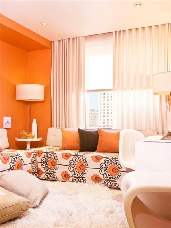 εσωτερικές ιδέες σχεδιασμού μικρό σαλόνι ανοιξιάτικη διάθεση πορτοκαλί
