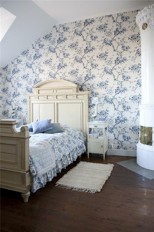εσωτερικές ιδέες σχεδιασμού υπνοδωμάτιο όμορφη τοιχογραφία ταπετσαρία μπλε μοτίβο τζάκι
