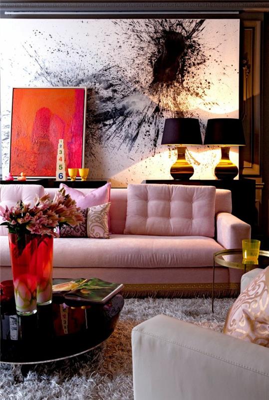 ιδέες εσωτερικού σχεδιασμού σαλόνι επιπλωμένο ανοιχτό ροζ καναπέ μαύρο couctisch