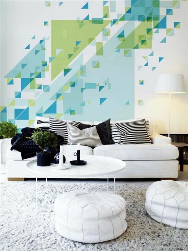 εσωτερικές ιδέες σχεδιασμού σαλόνι γεωμετρική ταπετσαρία τοίχου ελαφρύ χαλί