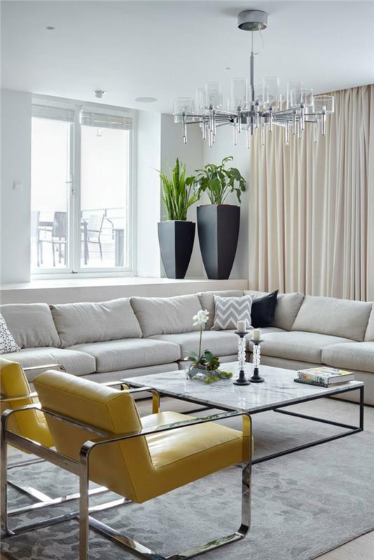εσωτερικές ιδέες σχεδιασμού σαλόνι σχεδιασμός γωνιακός καναπές επικαλυμμένος πολυθρόνα τραπεζάκι σαλονιού εσωτερικών φυτών