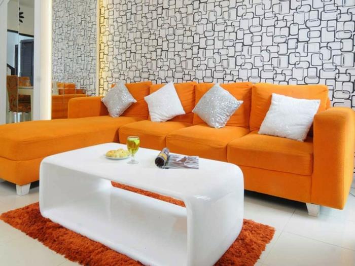 εσωτερικές ιδέες σχεδιασμού σαλόνι σχεδιασμός πορτοκαλί έπιπλα λευκό τραπεζάκι σαλονιού