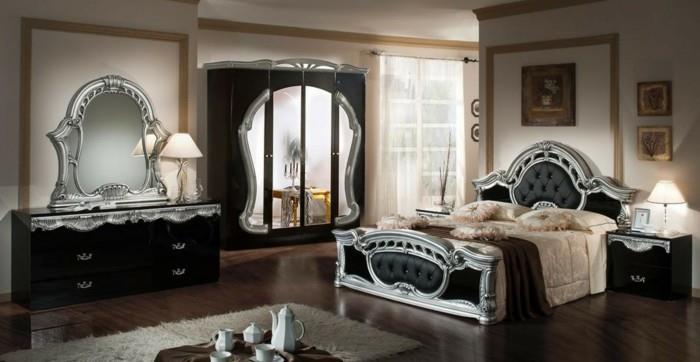 εσωτερική διακόσμηση ροκοκό κρεβατοκάμαρα ασημί τόνους μαύρο χαλί επίπλων