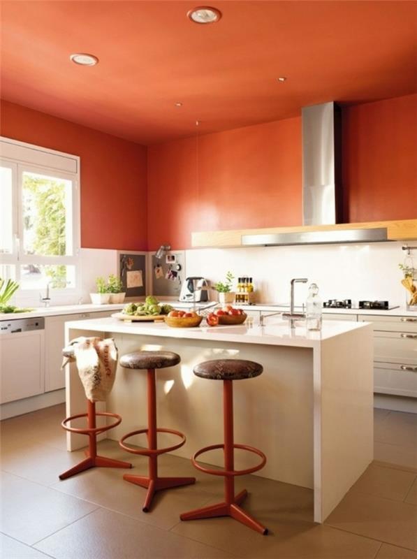 εσωτερικό σχεδιασμό ζωντανές ιδέες κουζίνα πορτοκαλί τοίχοι λευκή κουζίνα νησί πορτοκαλί οροφή