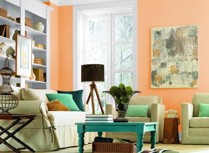 εσωτερική διακόσμηση ιδέες σαλόνι φωτεινοί τοίχοι πορτοκαλί ανοιχτό πράσινα έπιπλα