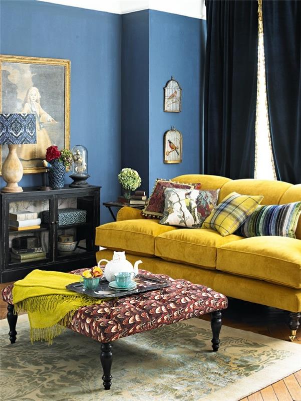 εσωτερικές ιδέες σχεδιασμού σαλόνι μπλε τοίχο χρώμα κίτρινος καναπές κομψός
