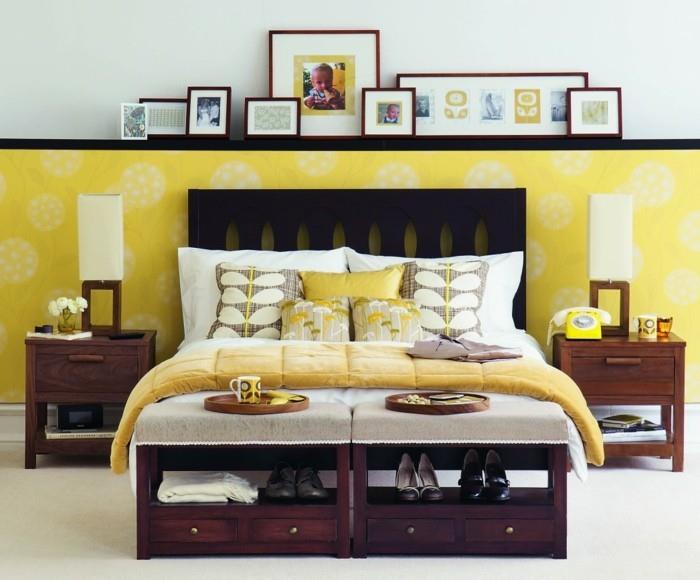 εσωτερική διακόσμηση κρεβατοκάμαρα σχεδιασμός ρετρό στυλ κίτρινη τοιχογραφία ταπετσαρία
