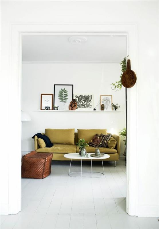 εσωτερική διακόσμηση ιδέες σαλόνι πράσινο καναπέ τοίχο ράφι λευκό δάπεδο