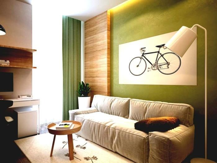 εσωτερική διακόσμηση σαλόνι πράσινο τοίχο ξύλο τόνους φωτεινό καναπέ πράσινες κουρτίνες
