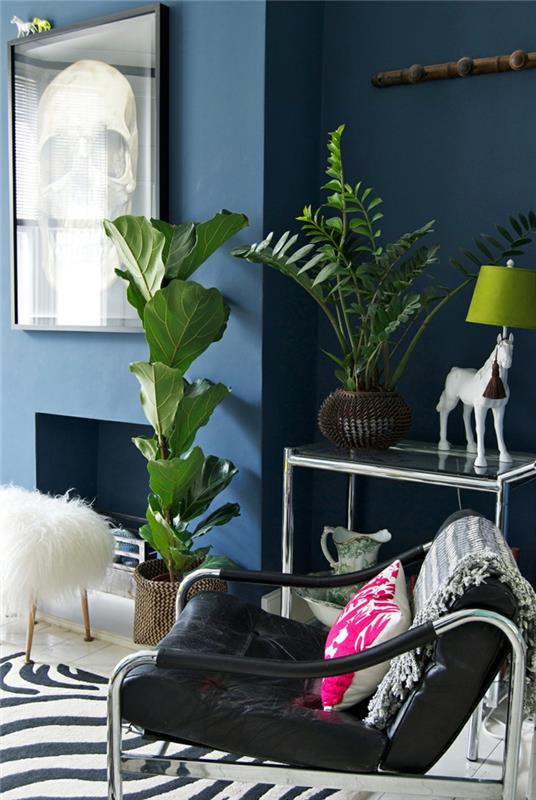 εσωτερικά φυτά ζωντανές ιδέες σαλόνι ζέβρα χαλί μπλε τοίχο χρώμα
