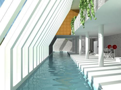 ιδέα σχεδιασμού εσωτερικής πισίνας πρωτότυπο λευκό χρώμα ηλιακό φως