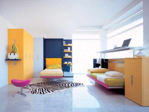 έξυπνα σχέδια με πτυσσόμενο κρεβάτι μονό κρεβάτι σε ροζ και κίτρινο χρώμα