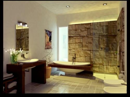 ενδιαφέρουσα σχεδίαση μπάνιου πέτρα τραχιά πλίνθο μπανιέρας