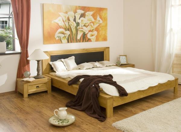 υπνοδωμάτιο στυλ feng shui πίνακες ξύλινο κρεβάτι