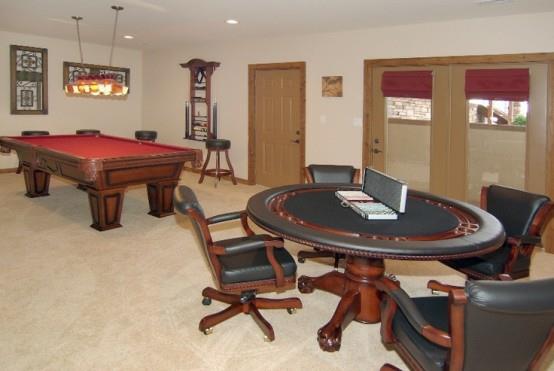 ιδέες εσωτερικής διακόσμησης αίθουσα παιχνιδιών στήσιμο τραπέζι μπιλιάρδου πόκερ πόκερ