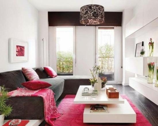 ιδέες εσωτερικού σχεδιασμού γυναικείο σαλόνι φωτεινό ροζ καναπές γκρι