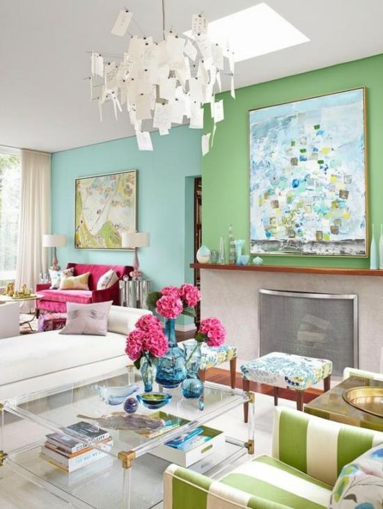 εσωτερικές ιδέες σχεδιασμού γυναικείο σαλόνι παστέλ χρώματα μπλε πράσινο ροζ