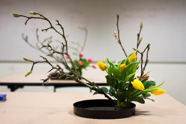 ιαπωνική διάταξη λουλουδιών ikebana magnolias κίτρινες τουλίπες