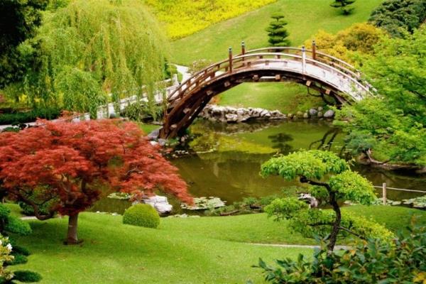 Ιαπωνικός κήπος όμορφο χλοοτάπητες γέφυρας