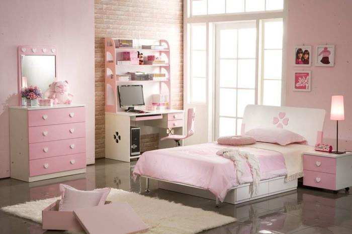 νεανικό κρεβάτι κορίτσι αποχρώσεις ροζ λευκών επίπλων σκούρα πλακάκια δαπέδου