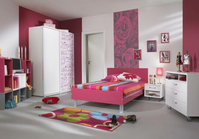 νεανικό κρεβάτι δωμάτιο κοριτσιών επίπλωση ροζ κρεβάτι χρωματιστό χαλί έντονα έμφαση έπιπλα δωματίου νεότητας