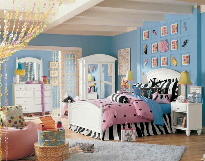 νεανικό κρεβάτι κοριτσίστικο δωμάτιο διακοσμητικό δωμάτιο νεολαίας μπλε τοίχο χρώμα λευκά έπιπλα