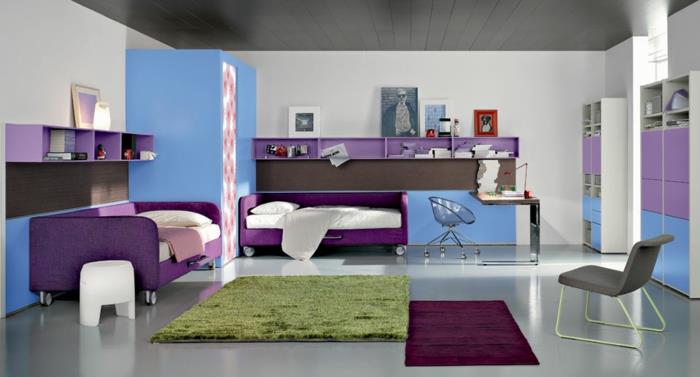 διακόσμηση δωματίων νεότητας δίκλινα δωμάτια μοβ κρεβάτια χρωματιστά χαλιά