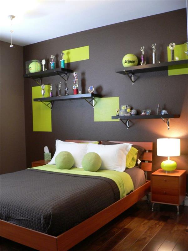 επίπλωση νεανικών δωματίων πράσινες πινελιές γκρι βαφή τοίχου όμορφο κεφαλάρι κρεβατιού