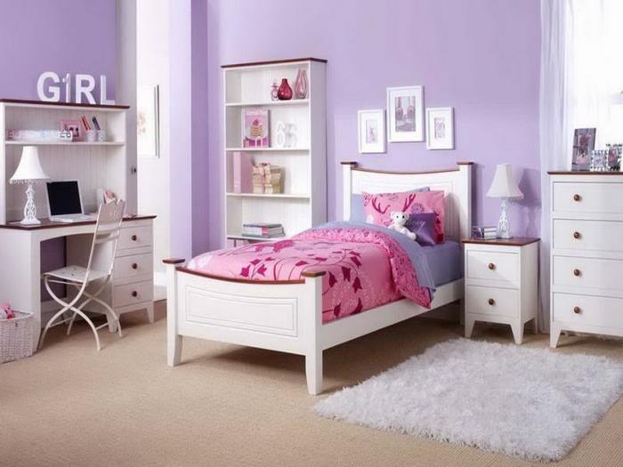 εφηβικό δωμάτιο διακοσμητικό δωμάτιο κοριτσιού λευκό χαλί μοβ τοίχοι