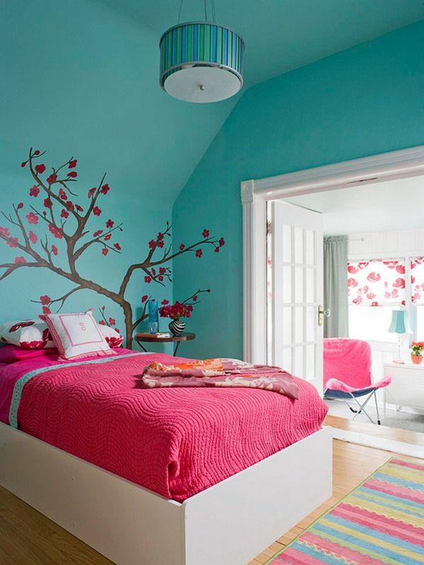 διακόσμηση δωματίου νεολαίας ροζ κλινοσκεπάσματα πράσινο τοίχο