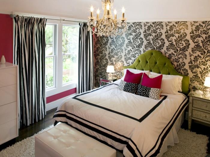 δωμάτιο εφήβων για κορίτσια κρεβατοκάμαρα πάγκο κουρτίνες λωρίδα μοτίβο πράσινο κρεβάτι κεφαλάρι