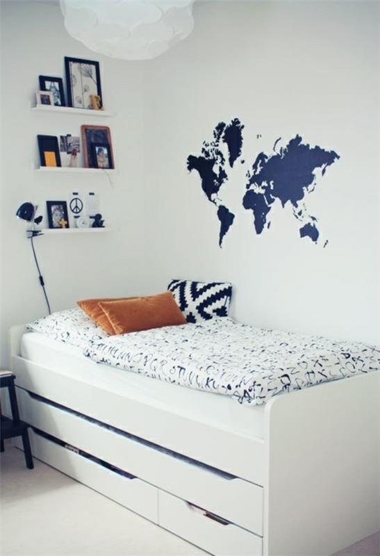 Νεανικό δωμάτιο σχέδιο λευκό κρεβάτι μπλε αυτοκόλλητο φάκελο κόσμο