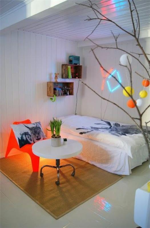 ιδέες σχεδιασμού νεανικού δωματίου στρογγυλό τραπέζι χαλί πορτοκαλί καρέκλα κρεβάτι