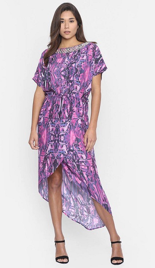 Soyut Baskı Yüksek Düşük Kaftan Elbise