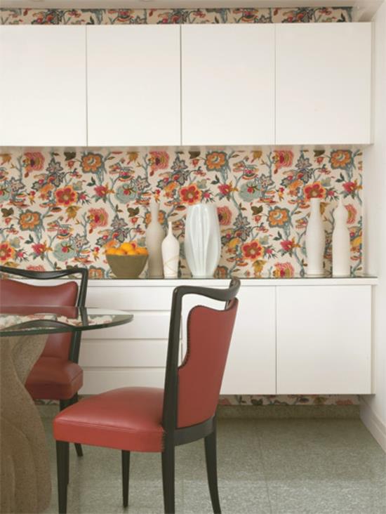 Ρυθμίστε τον σχεδιασμό της κουζίνας, την τραπεζαρία του πίσω τοίχου της κουζίνας με πολύχρωμα μοτίβα λουλουδιών