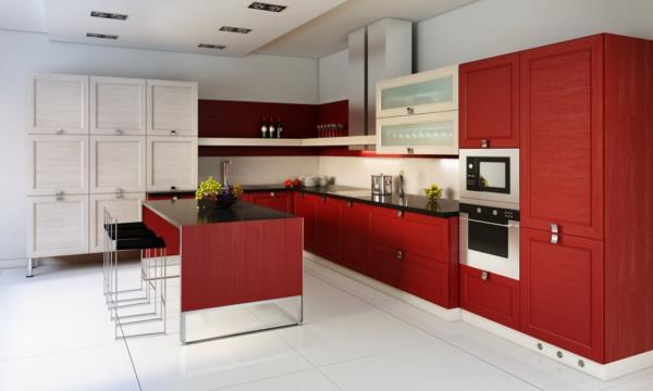 επίπλωση κουζίνας κόκκινα ντουλάπια κουζίνας μπεζ χρώμα τοίχου