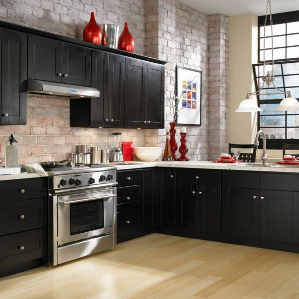 στήστε κουζίνα τοίχο από τούβλα σκοτεινά ντουλάπια κουζίνας