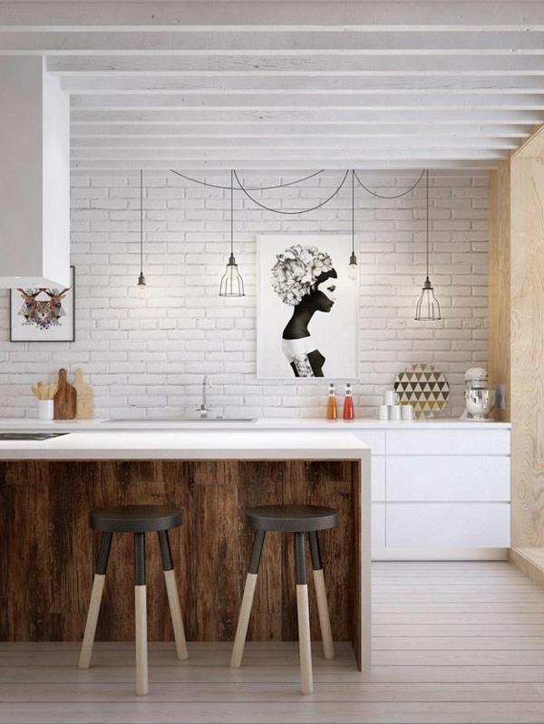 ντιζάιν κουζίνα κουζίνα νησί ξύλινο σκαμπό σκανδιναβικός σχεδιασμός τοίχος από τούβλα λευκή τοιχογραφία
