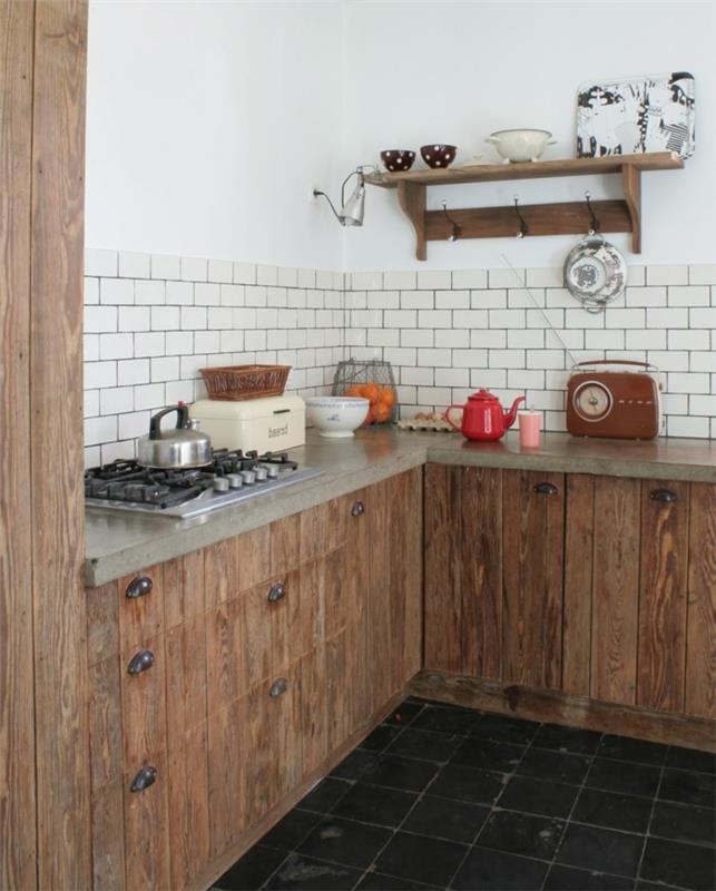 Κουζίνα σε σχήμα L με ρουστίκ εμφάνιση και μαύρα πλακάκια δαπέδου