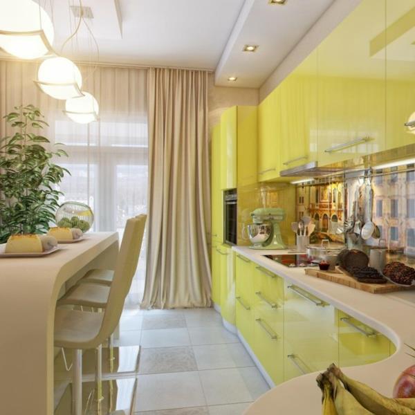 σχέδιο κουζίνας με κίτρινα ντουλάπια σε σχήμα l