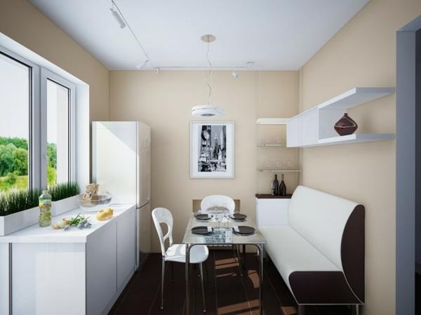 χώρος κουζίνας με λευκό και καφέ καθιστικό