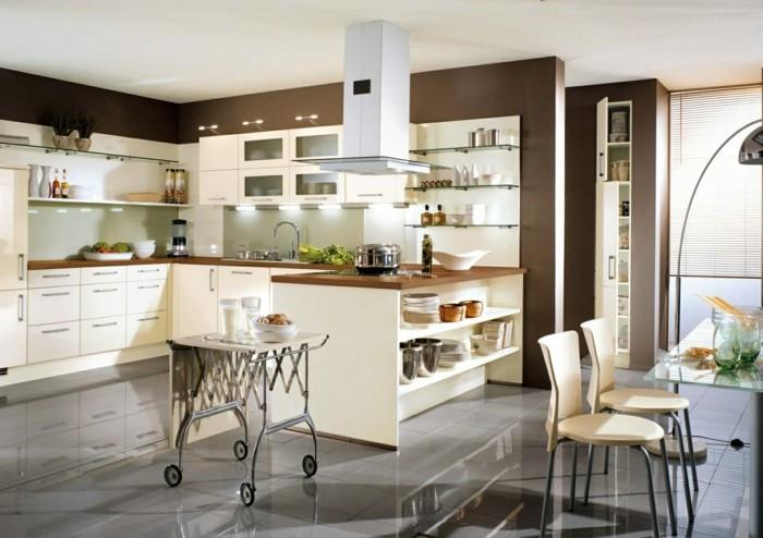 Σχεδιασμός κουζίνας με κρεμ ντουλάπια κουζίνας και καφέ τοίχους
