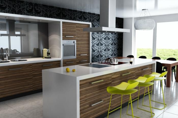 σχέδιο τοίχου κουζίνας κομψή ταπετσαρία κουζίνας πράσινη μπάρα σκαμπό κουζίνα συρτάρια νησί