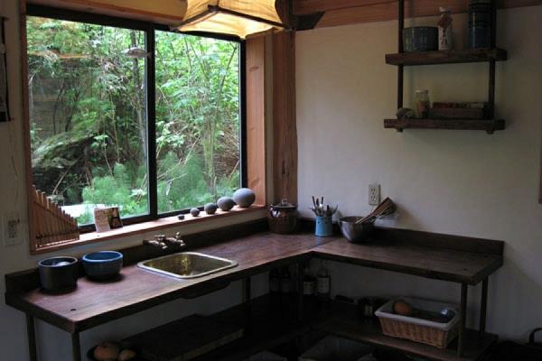 κουζίνα κέδρο παράθυρο κομψό νεροχύτη ορείχαλκο ιαπωνικό δάσος σπίτι