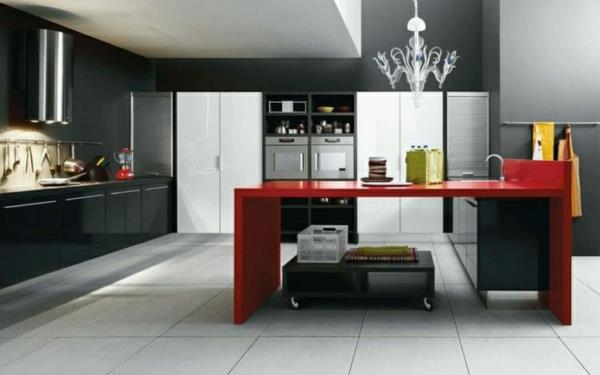 σχεδιασμός κουζίνας τοίχο χρώμα γκρι τόνους μοντέρνο κόκκινο τραπέζι